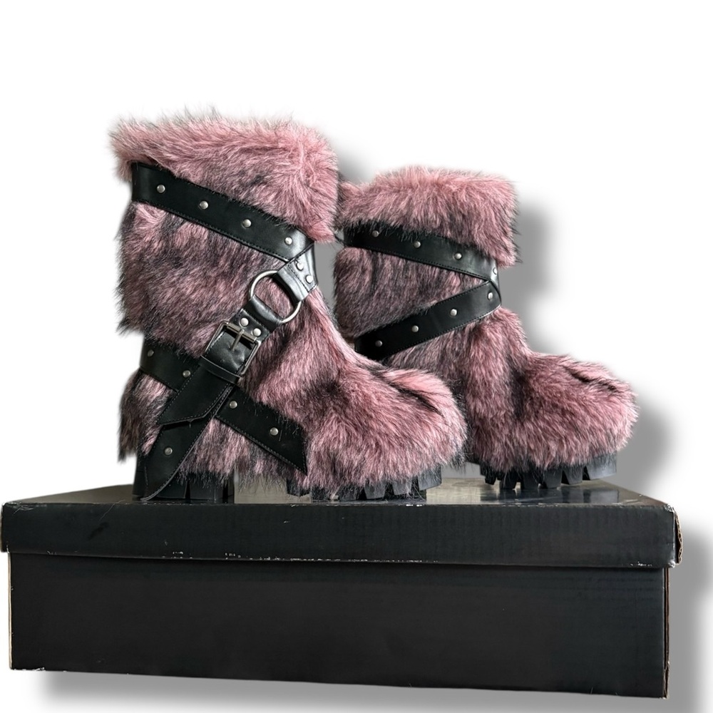 Dolls Kill Pink Faux Fur Platform Boots with Black Strap Details